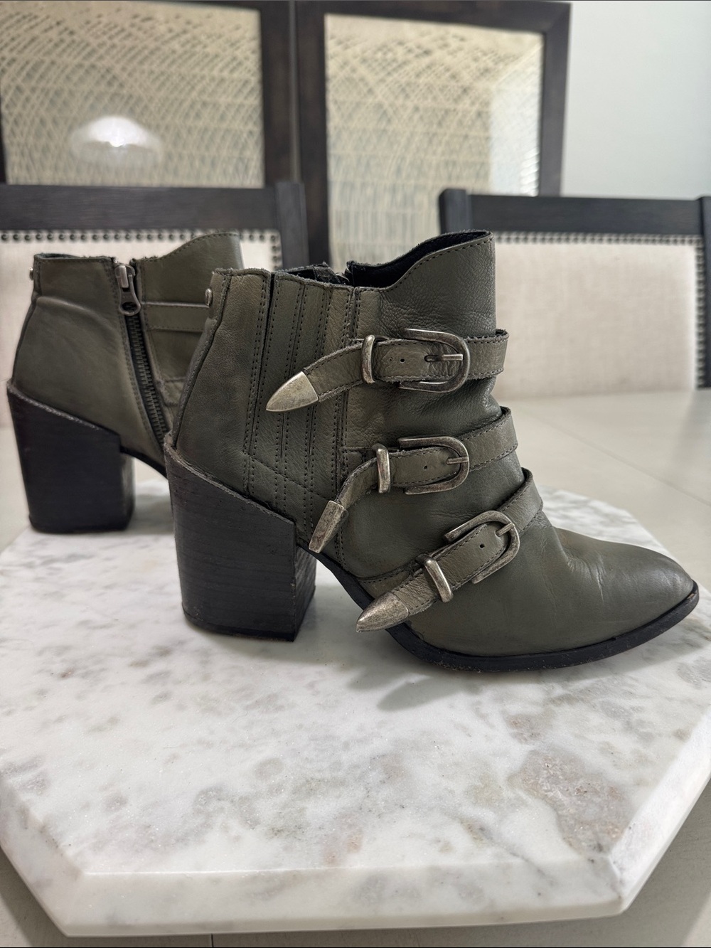 Olive Triple-Buckle Leather Ankle Booties